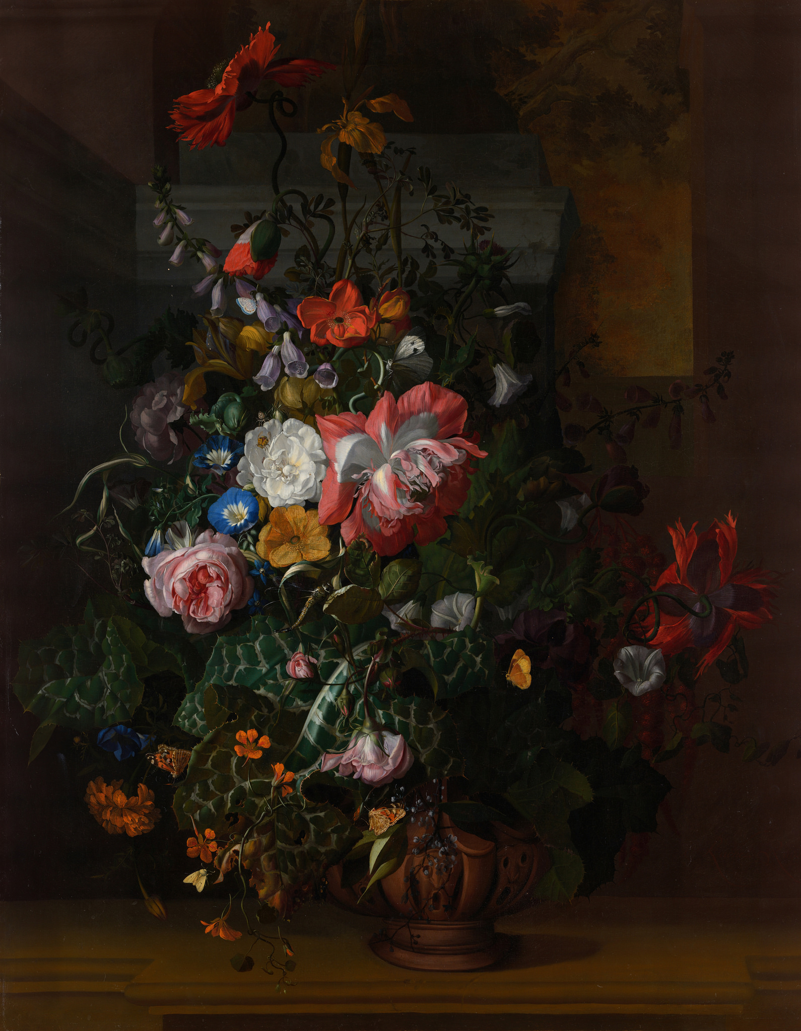 Roses, Convolvulus, Poppies, and other Flowers in an Urn on a Stone Ledge, by Rachel Ruysch, 1680s