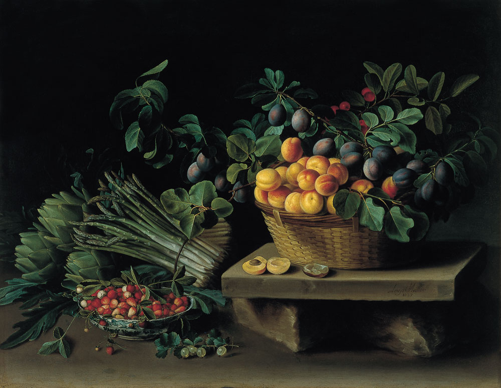 Still Life of Peaches, Plums, Cherries, Gooseberries, Asparagus, and Artichokes, by Louise Moillon, 1637