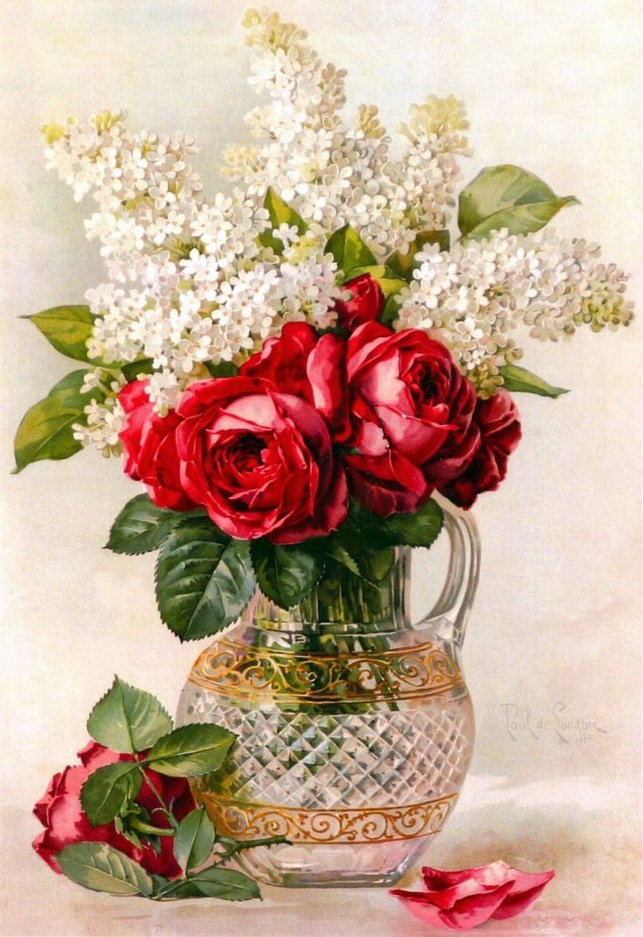 Paul de Longpre - Red roses and white flowers in glass pitcher