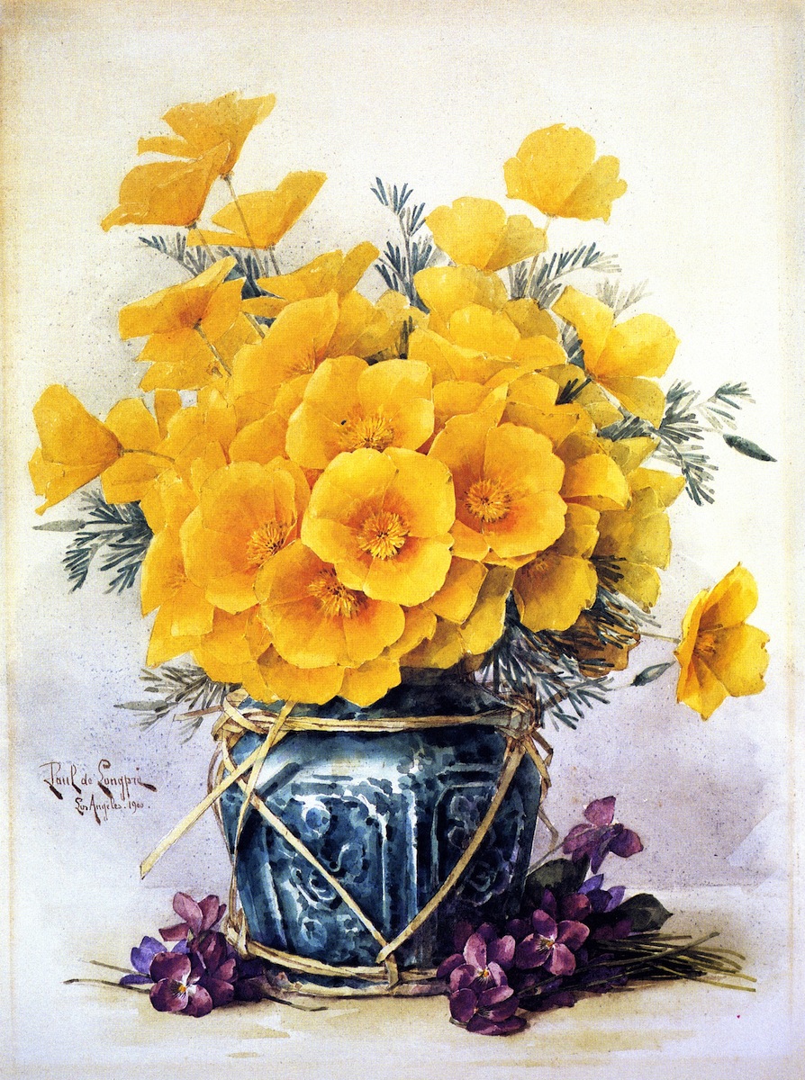 Paul de Longpre - yellow California poppies in a blue vase