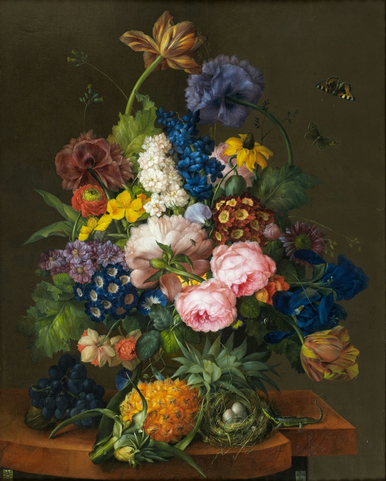 Still Life of Flowers, Fruit, Butterflies, a Bird's Nest, and a Lizard, by Franz Xaver Petter