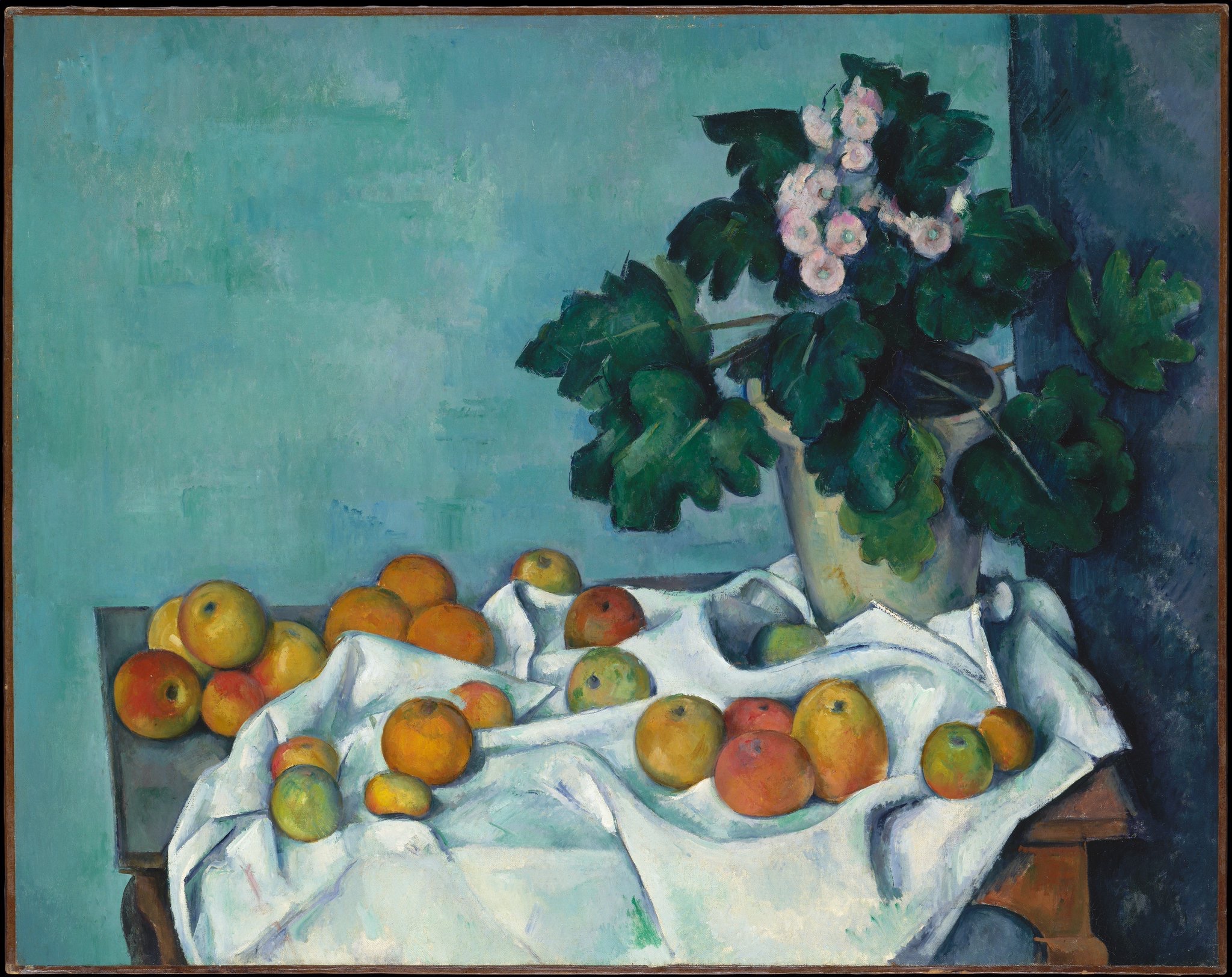 Still Life with Apples and a Pot of Primroses, by Paul Cézanne, circa 1890