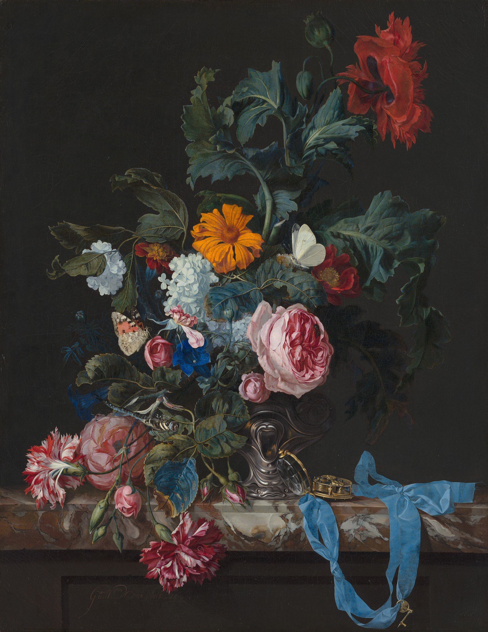 Flower Still Life with a Timepiece, by Willem van Aelst, 1663