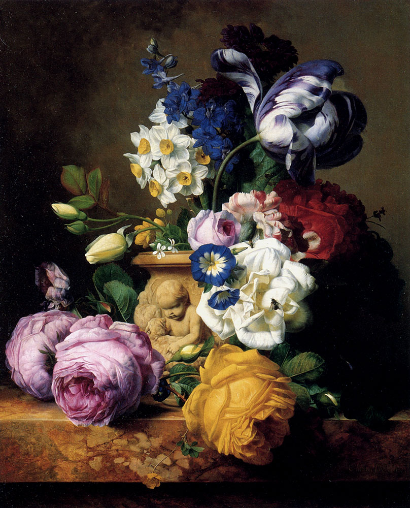 Roses, Tulips, Morning Glory, Delphinium and Primrose, by Charles Joseph Node, 1852