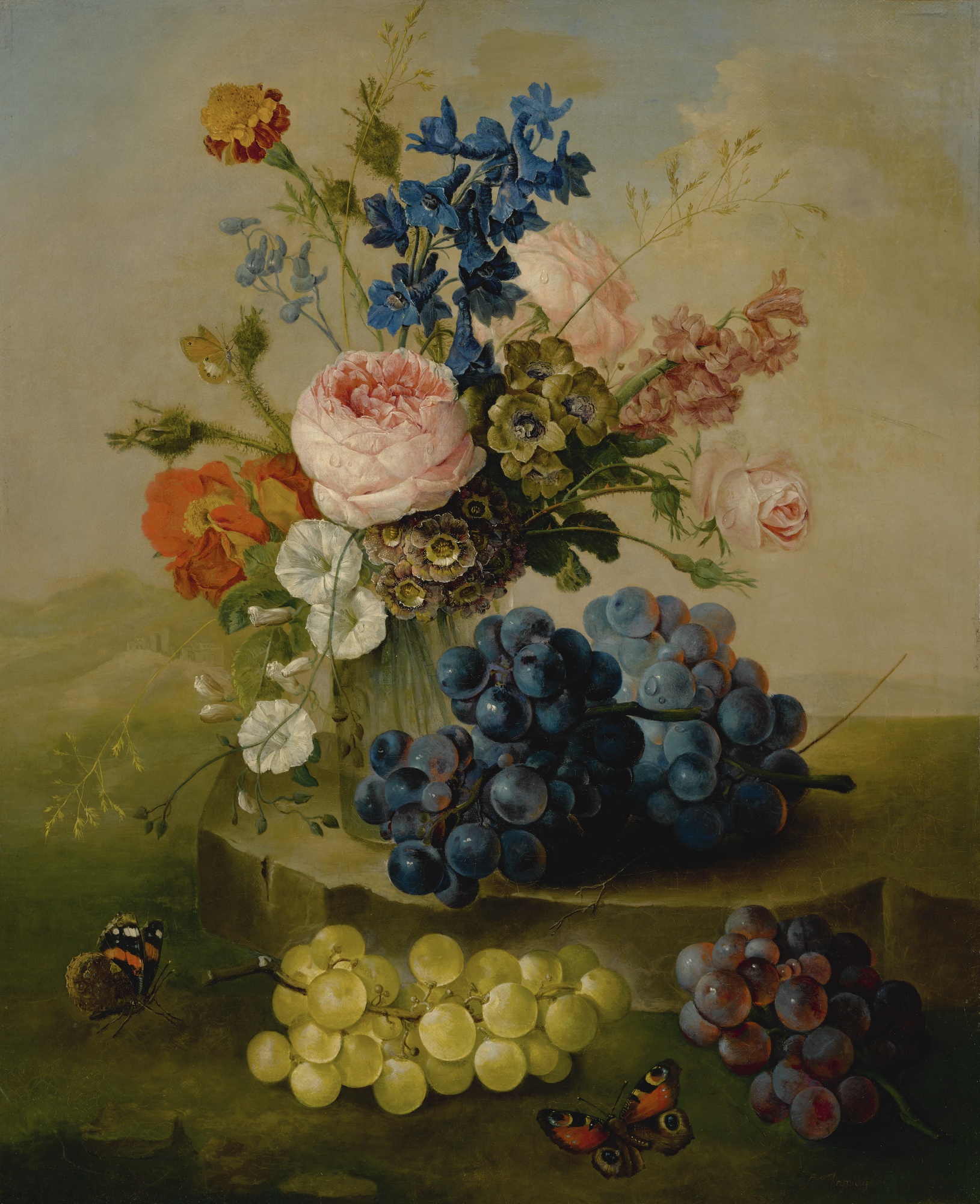Still Life of Flowers in a Glass Vase, with Grapes, by Sebastian Wegmayr