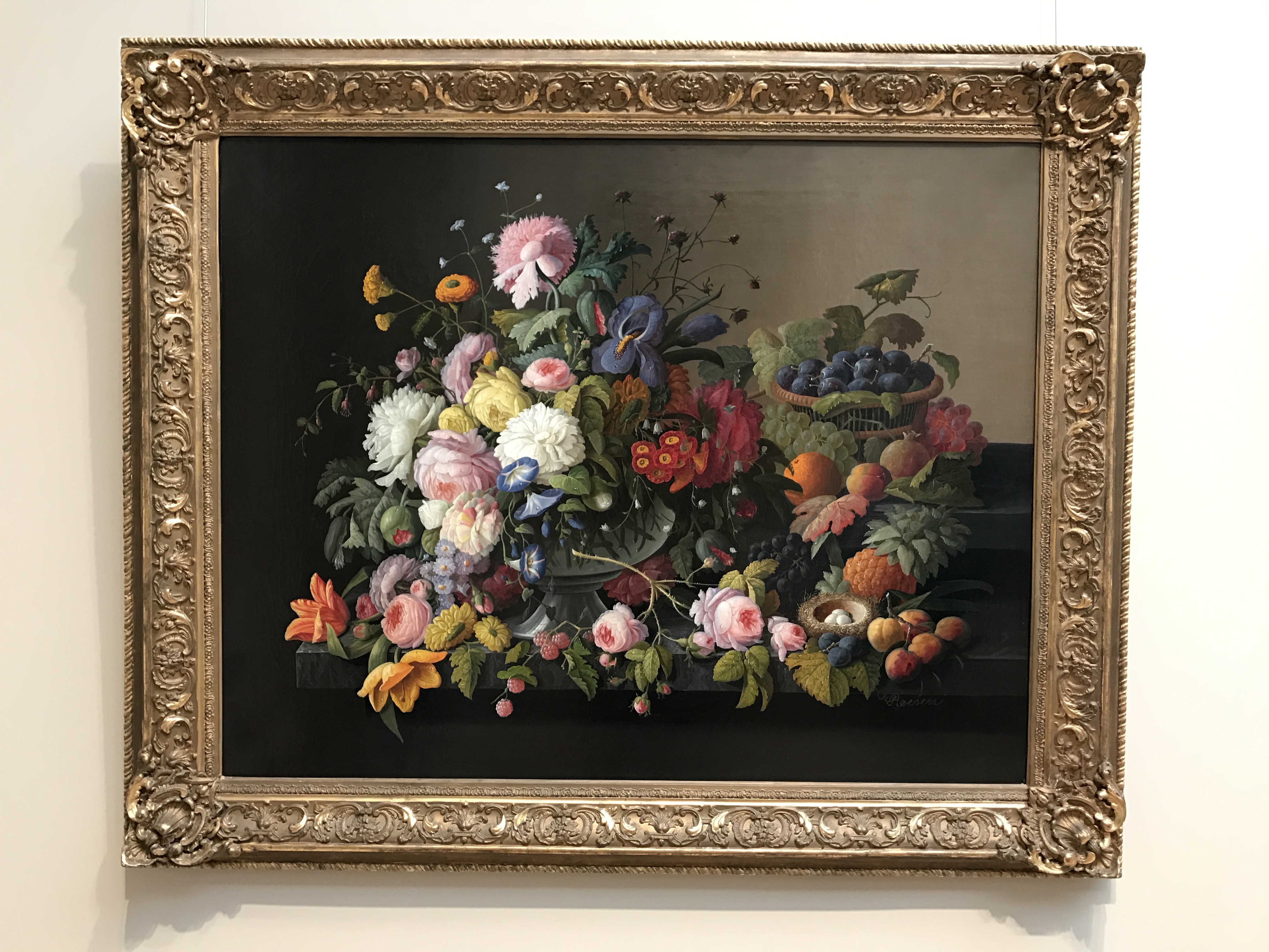 Still Life of Flowers and Fruit, by Severin Roesen, circa 1850, my photo