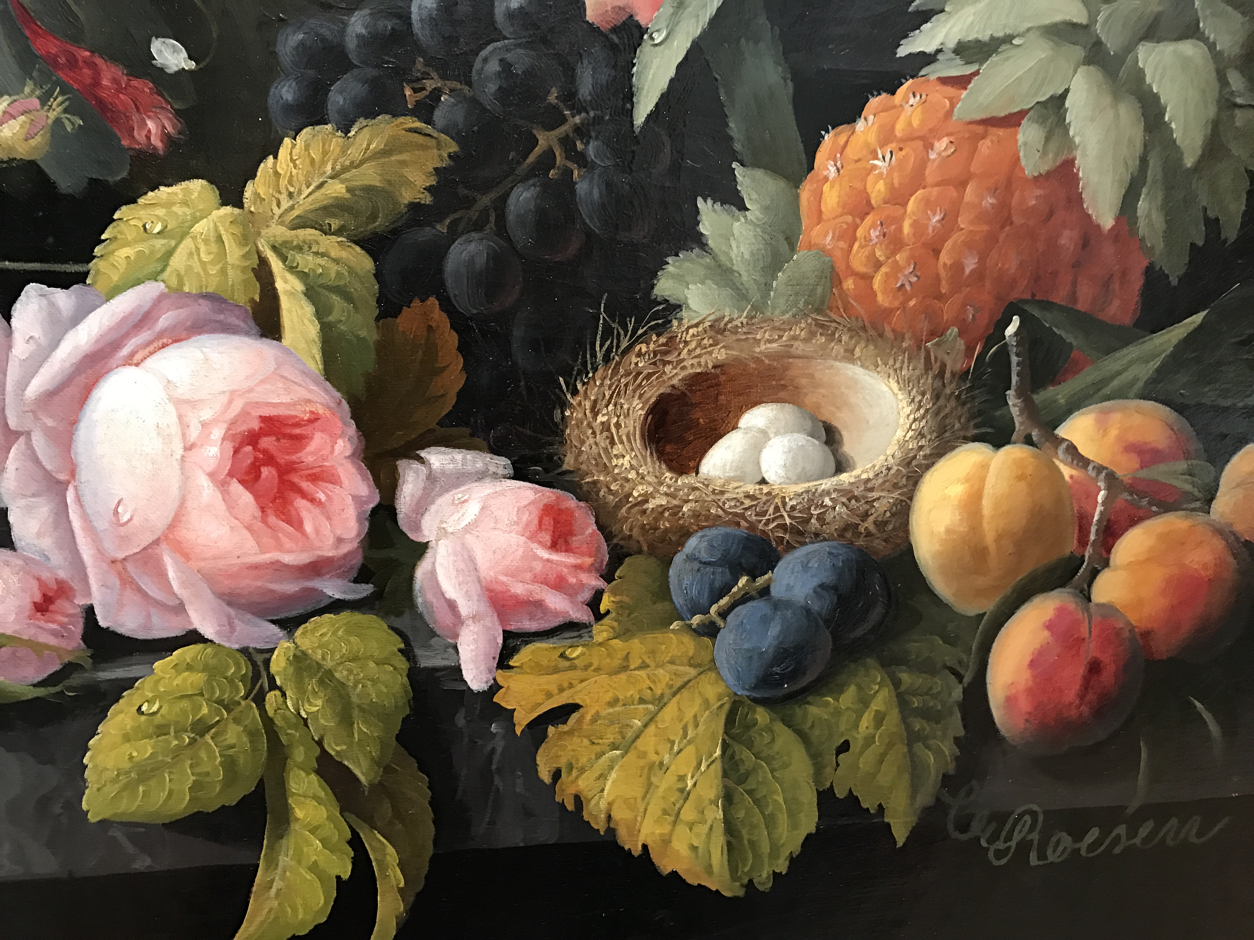 Still Life of Flowers and Fruit, by Severin Roesen, circa 1850, my photo