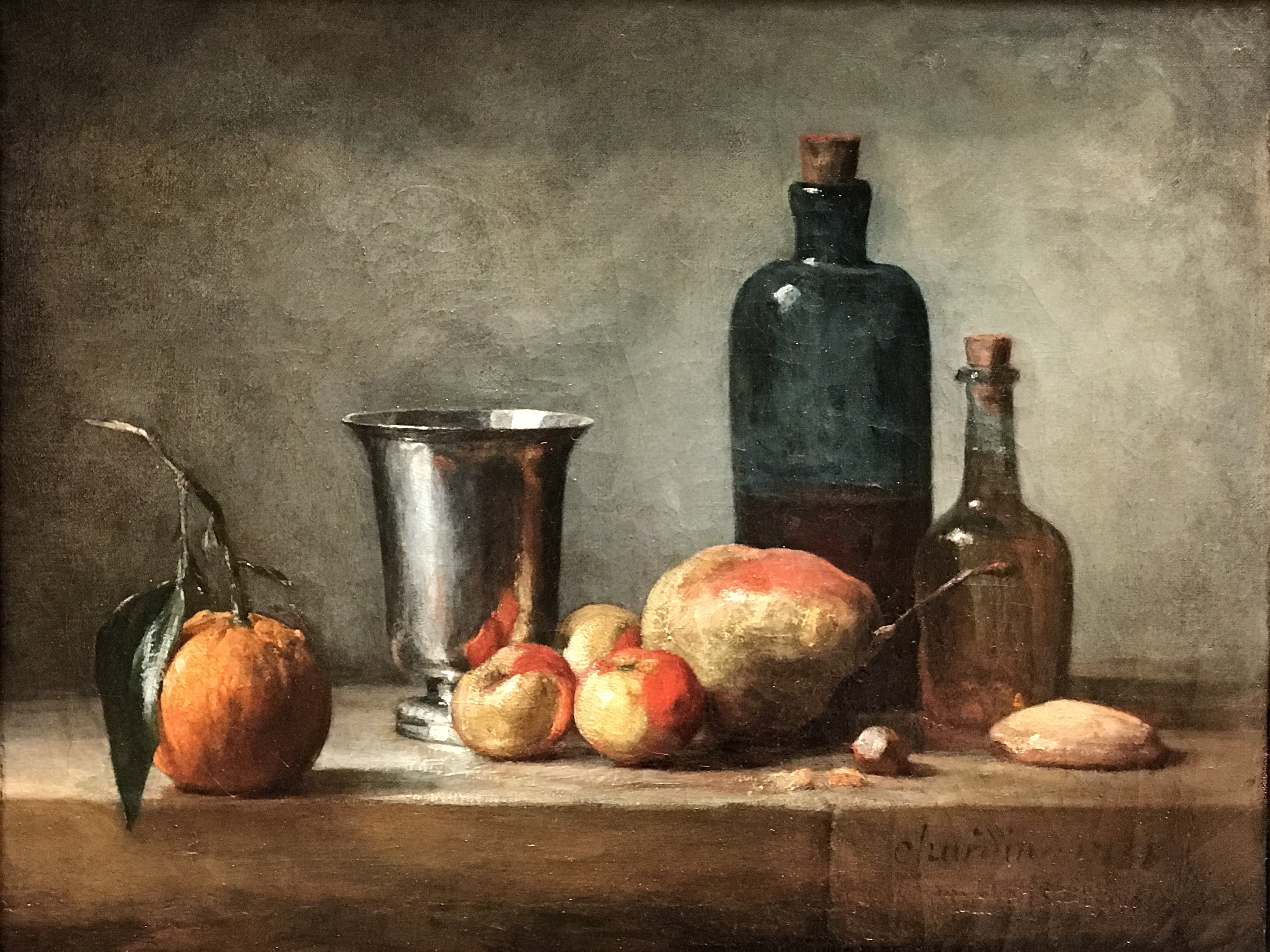 Seville Orange, Silver Goblet, Lady Apples, Pear, and Two Bottles, by Jean Siméon Chardin, my photo