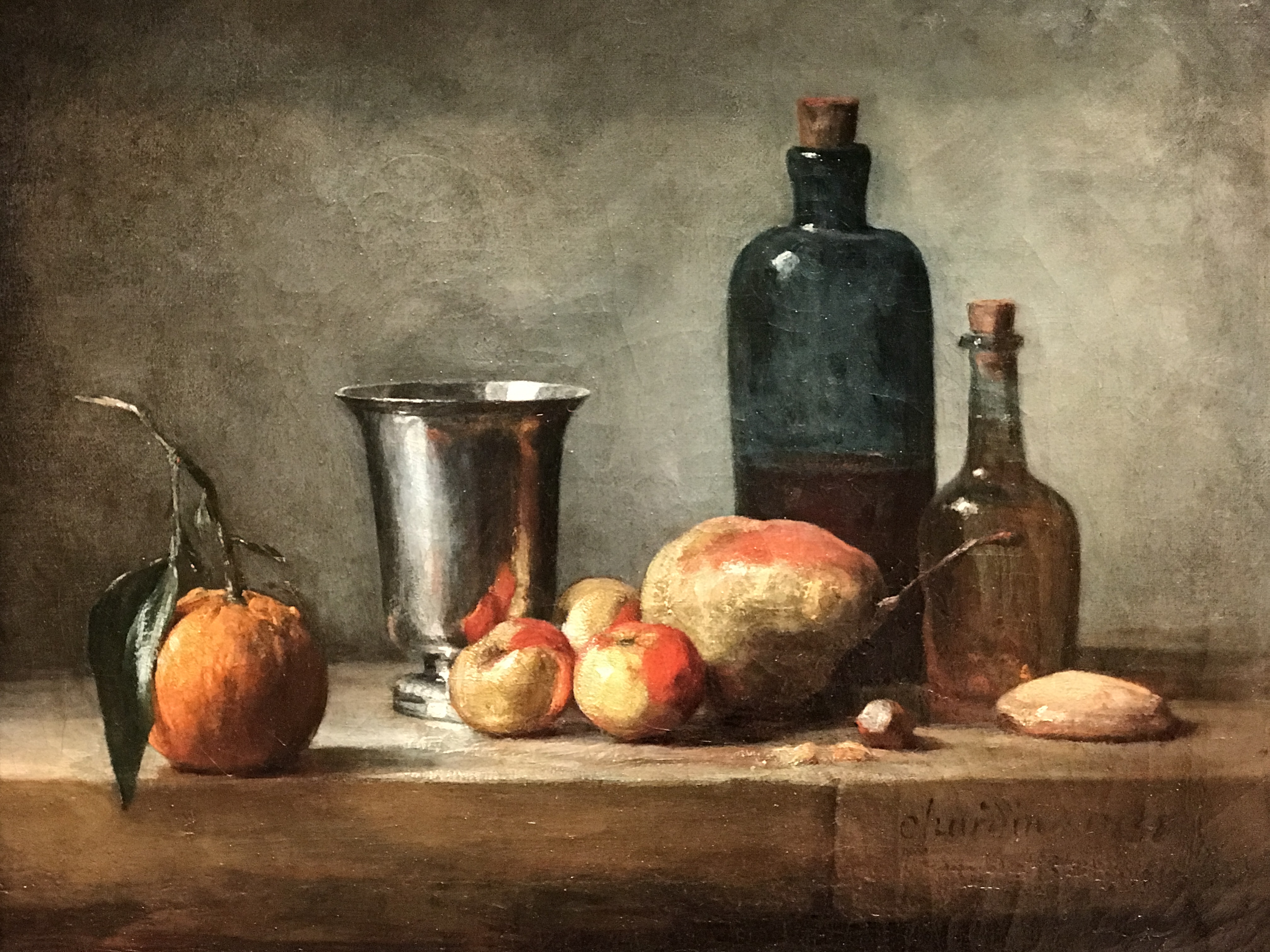 Seville Orange, Silver Goblet, Lady Apples, Pear, and Two Bottles, by Jean Siméon Chardin, my photo
