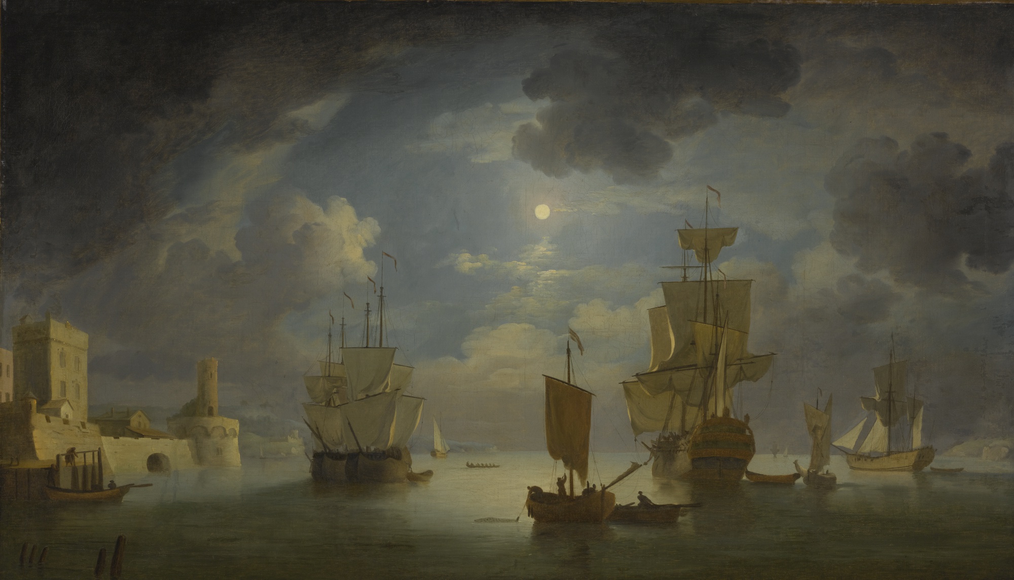 Moonlit Scene with an Indiaman and other Merchant Shipping off a Fortified Town, Circle of Peter Monamy