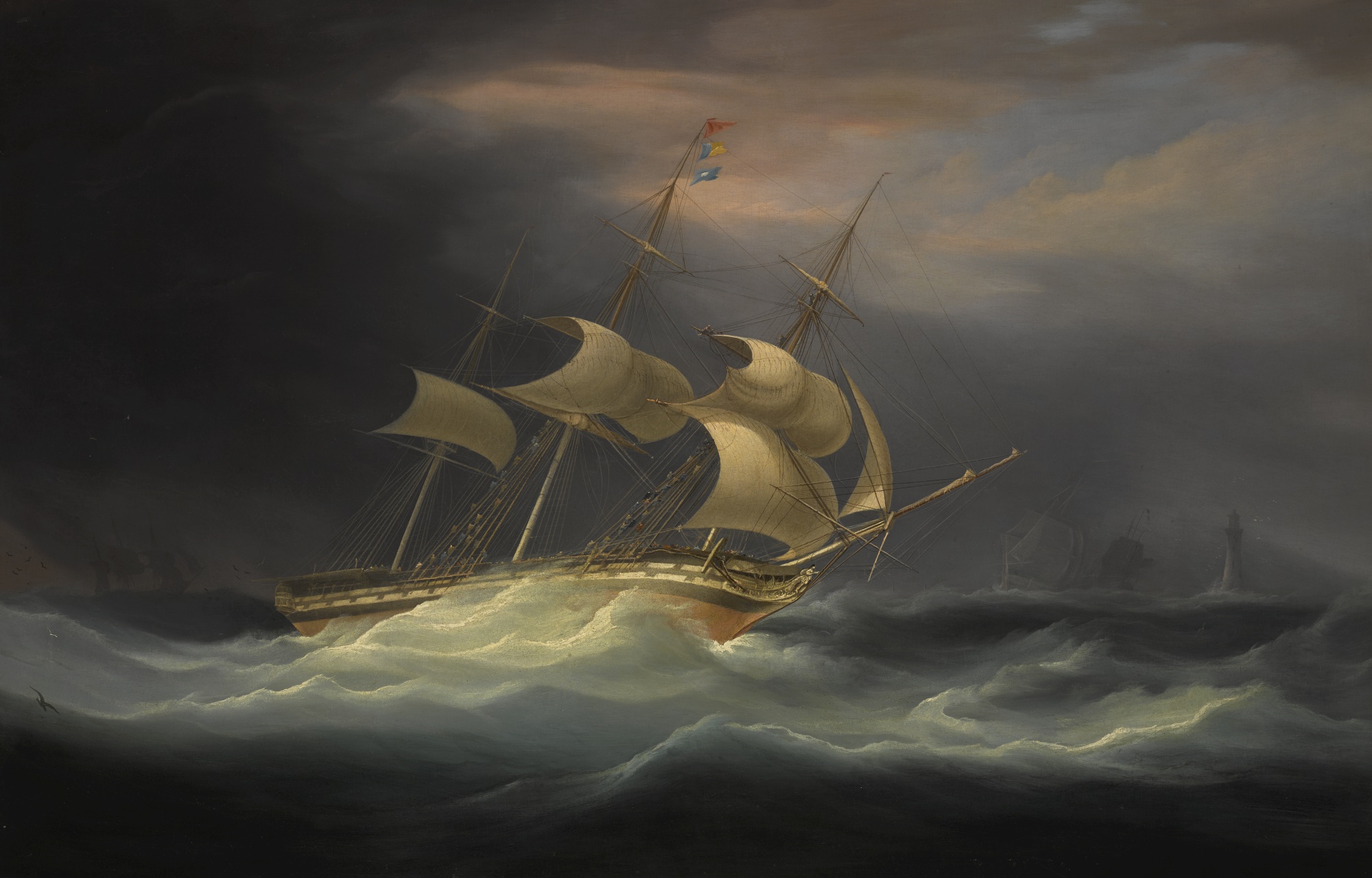 An East Indiaman in a Storm off Eddystone Lighthouse, by William John Huggins