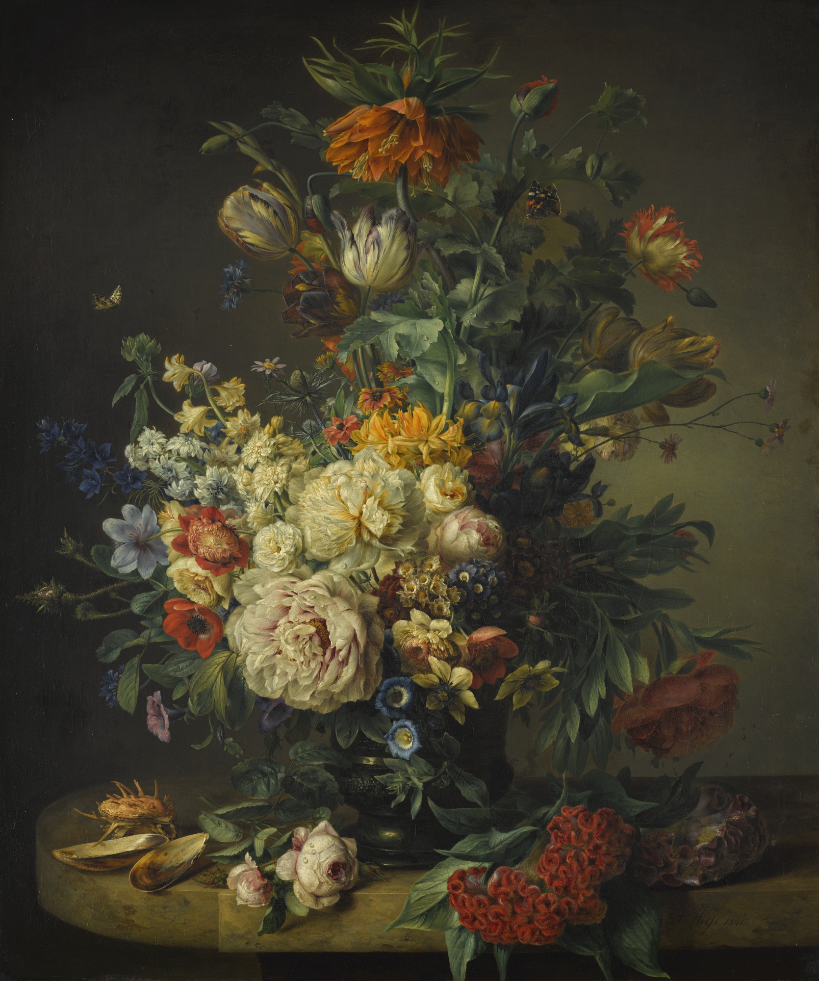 Still Life with Roses, Tulips, and Imperial Fritillary, by Anton Weiss, 1840