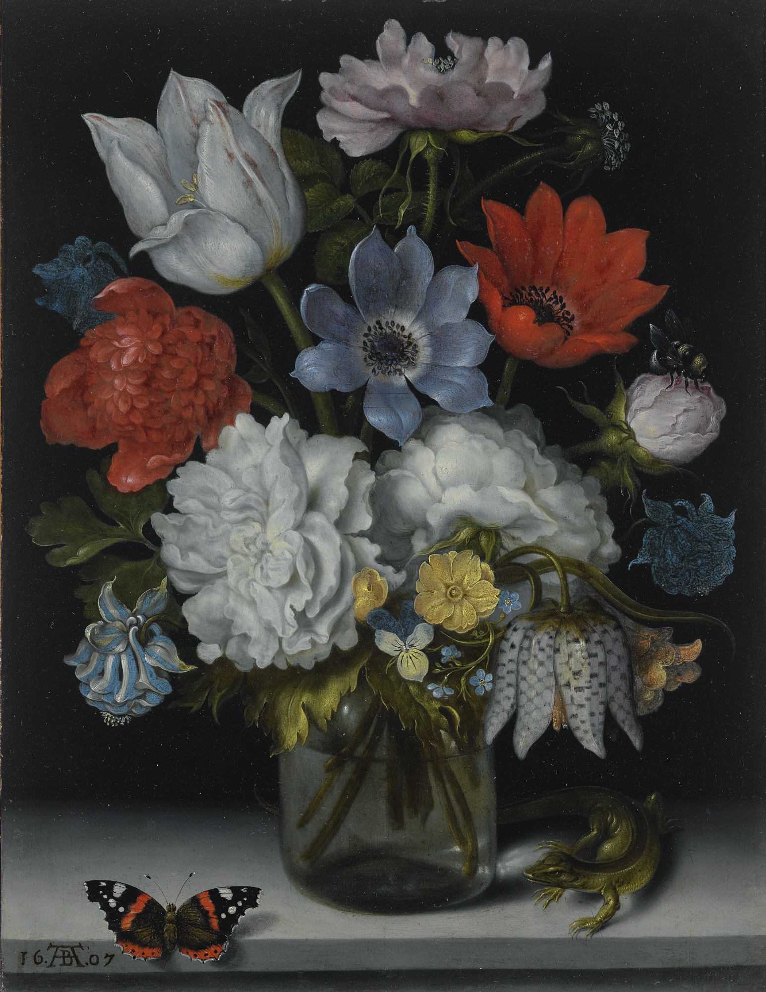 A Still Life of Flowers in a Glass Flask on a Marble Ledge, Flanked by a Red Admiral Butterfly and a Lizard, by Ambrosius Bosschaert the Elder, 1607